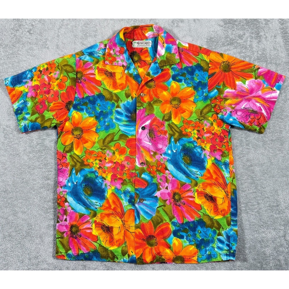 Vintage Waltah Clarkes Men Medium MOD Floral Multicolor Loop Collar Hawaiian 60s